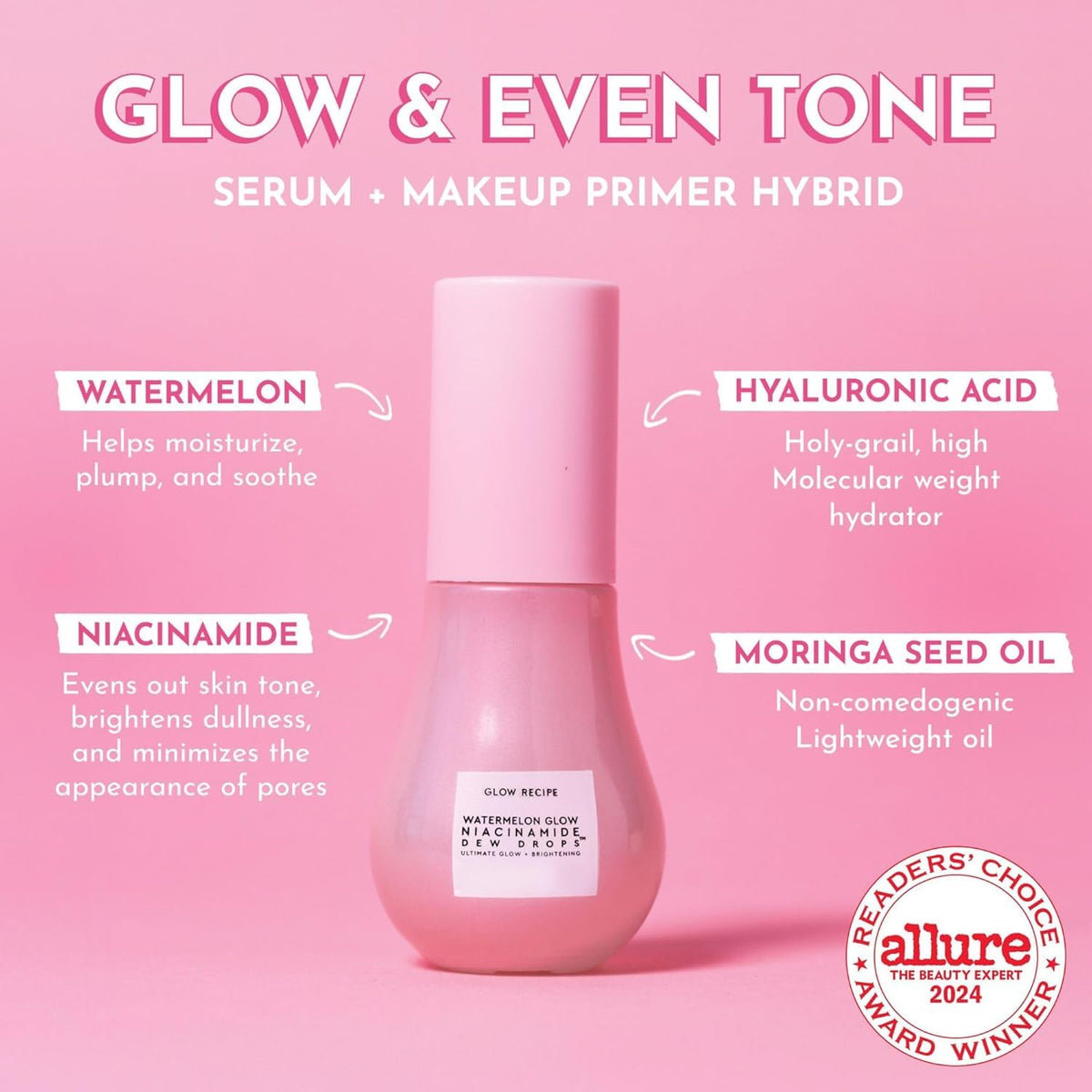Glow Recipe Watermelon Niacinamide Dew Drops, Korean Niacinamide Serum Drops, Hydrating Face Serum + Primer & Liquid Highlighter, Hyaluronic Acid, Dewy Glow (40ml)