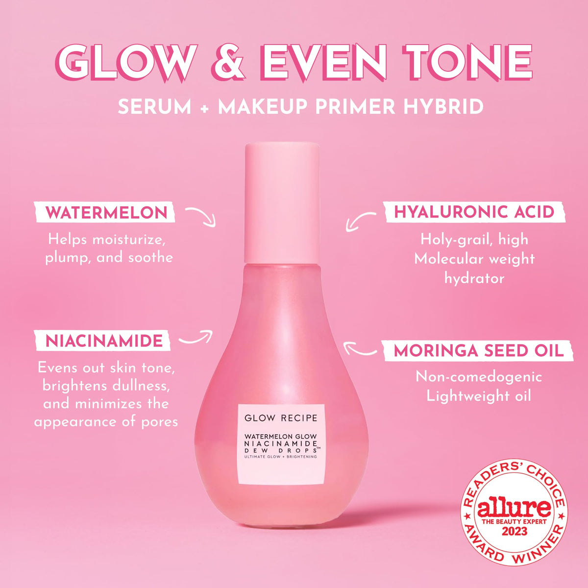 Glow Recipe Watermelon Niacinamide Dew Drops, Korean Niacinamide Serum Drops, Hydrating Face Serum + Primer & Liquid Highlighter, Hyaluronic Acid, Dewy Glow (40ml)